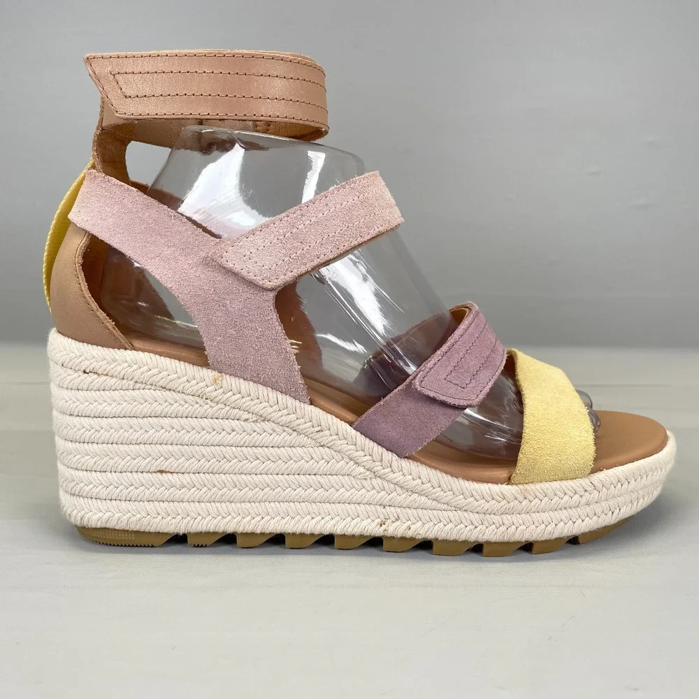Sorel Cameron Wedge Sandals Womens Size 9 Pink Suede Strappy Platform Espadrille